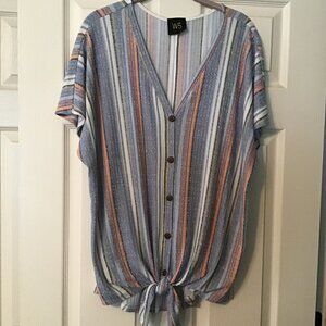 W5 Womens Button-Down V-Neck Short Bat Sleeve Front Tie MultiColor Stripe Top 1X